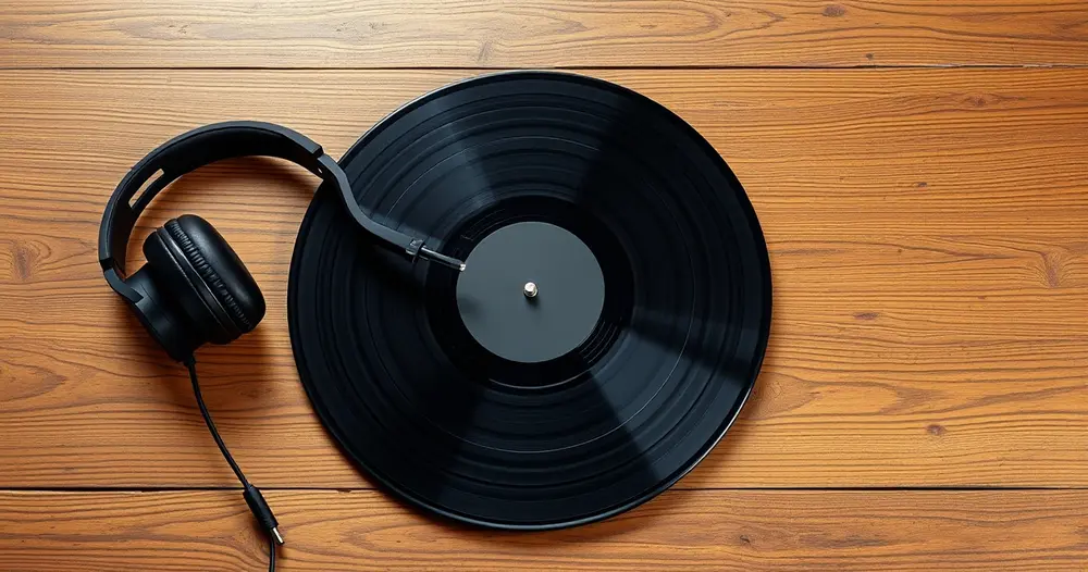disco de vinil e fones de ouvido sobre mesa de madeira